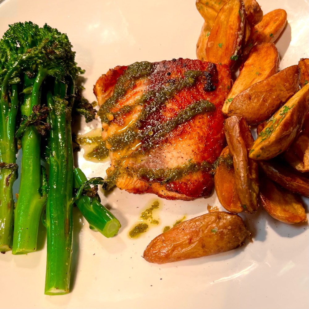 Dinner Atlantic salmon, grilled broccolini, heirloom potatoes.